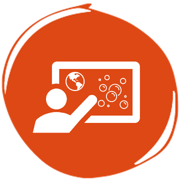 Icon for Face-to-face training, depicting a trainer standing in front of a screen or whiteboard